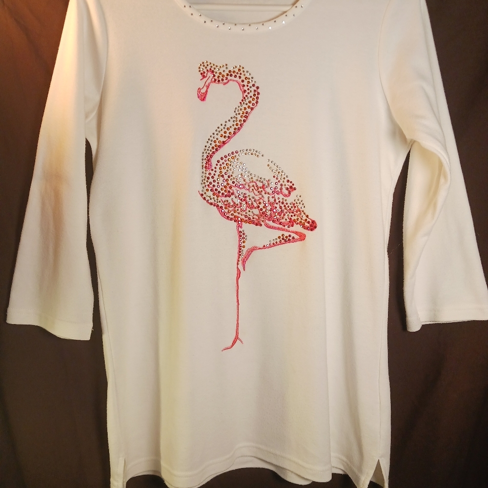 Small Womens Flamingo Vacation Sparkle Bling Sequin Sequined 3/4 Sleeve T-Shirt.